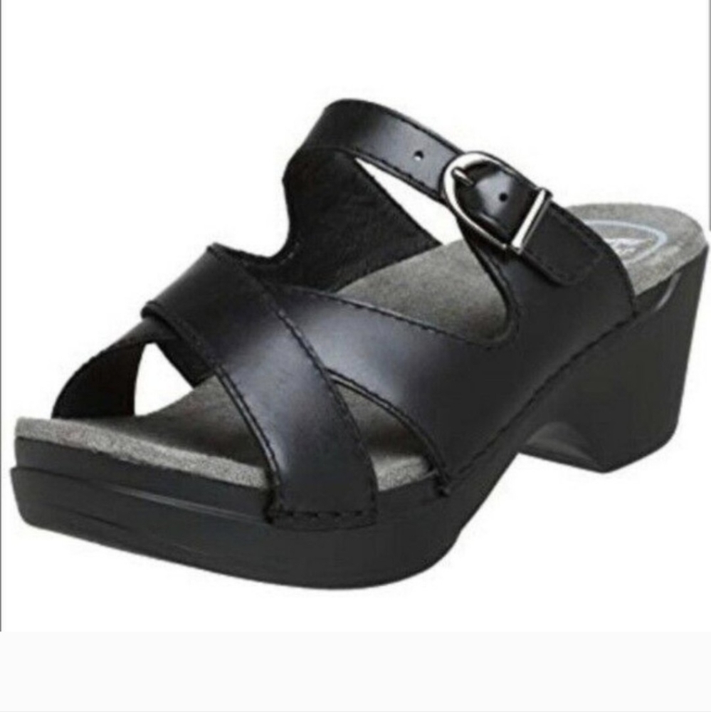 Dansko Sela Slides Mules Leather Criss Cross Sandals Silver Buckle Black size 37